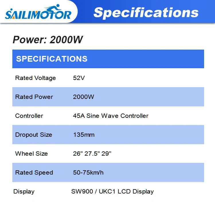 Sailimotor Ebike Kit 2000W 52V Ebike Conversion Kit Brushless Non-Gear Hub Motor Kit for Bicycle