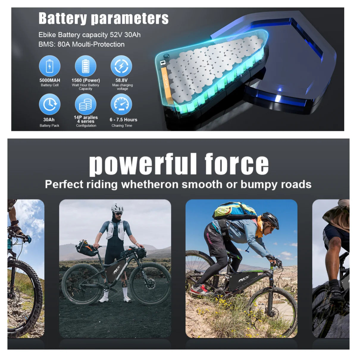 52V 30Ah Triangle Ebike Battery 48V 72V Downtube Lithium Ion Batteries Mountain Bike Battery for 1000W 1500W 2000W 2600w Motor